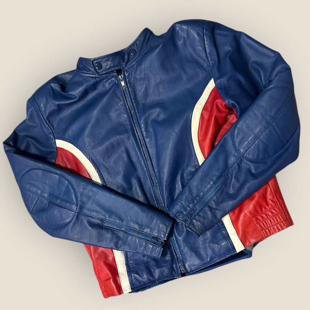 Vintage 1970s Blue Red Leather Moto Jacket Removable Liner Size 40